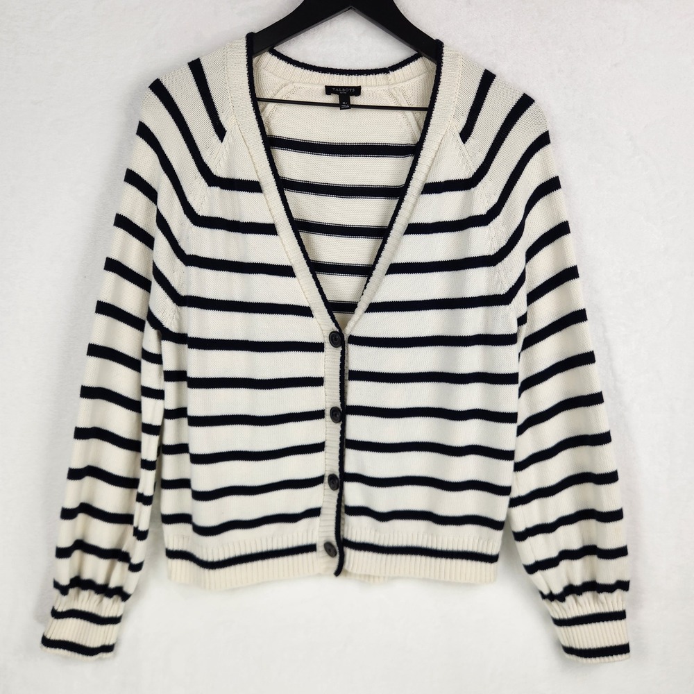 Talbots Cardigan Sweater Women XLP White Striped Cotton Nautical Capsule Cruise